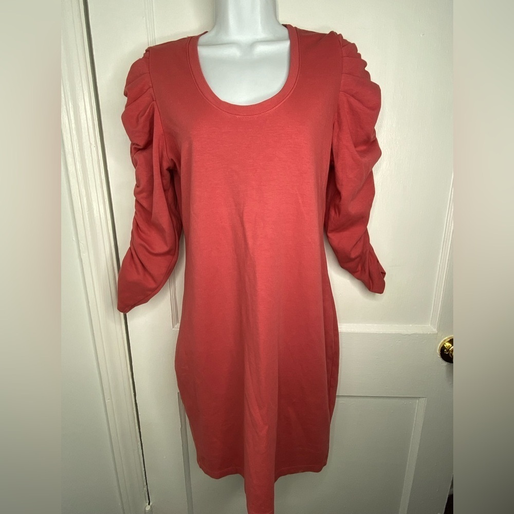 Sundry Anthropology NWT Rust Sheath Dress with Ruched Puff Sleeves